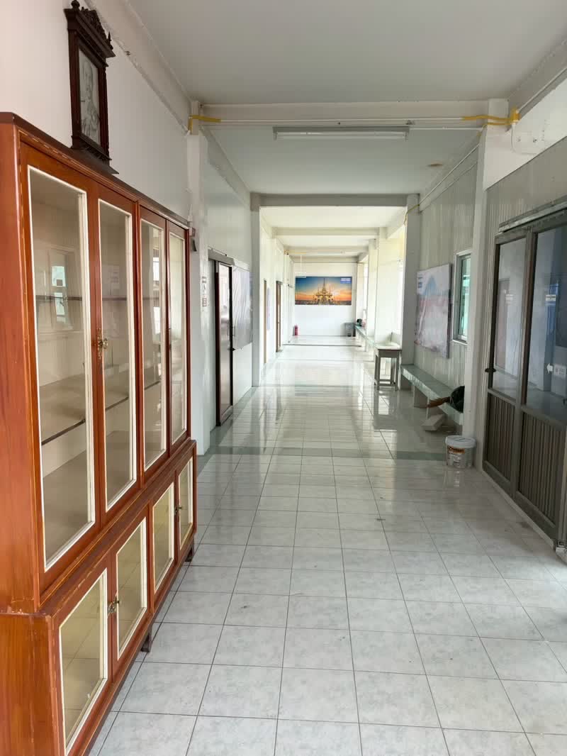 ทางเดินภายในอาคารที่มีตู้กระจกเก็บของและภาพประดับผนัง